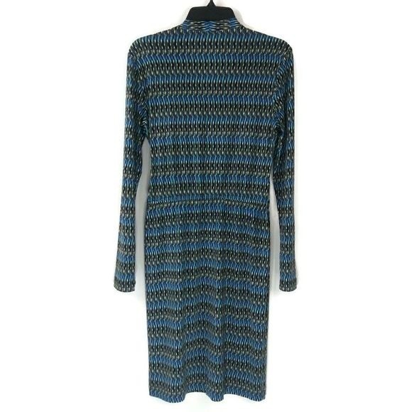 CALVIN KLIEN Women's Faux Wrap Sz 4 Blue Long Sleeve Geo Print Midi Dress - Picture 2 of 15